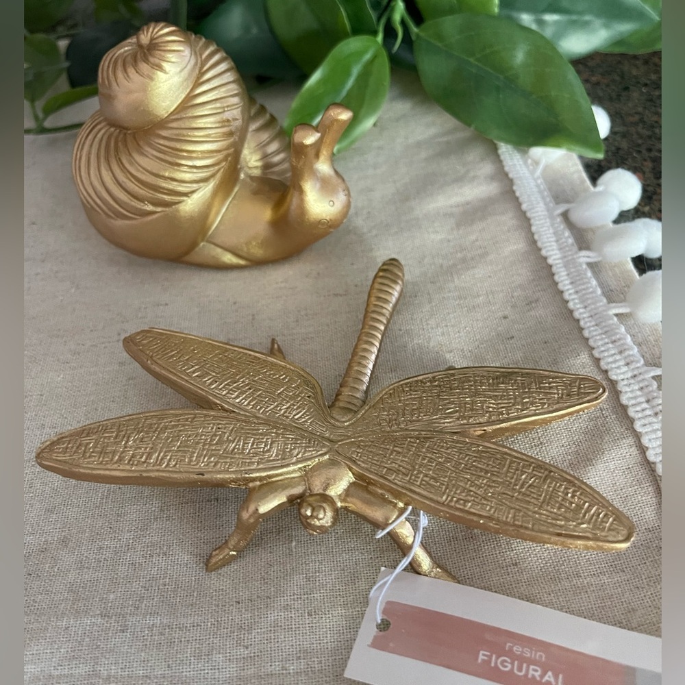 Gold Garden Snail & Dragonfly Insect Figurines | Home Garden Patio | Brand New!